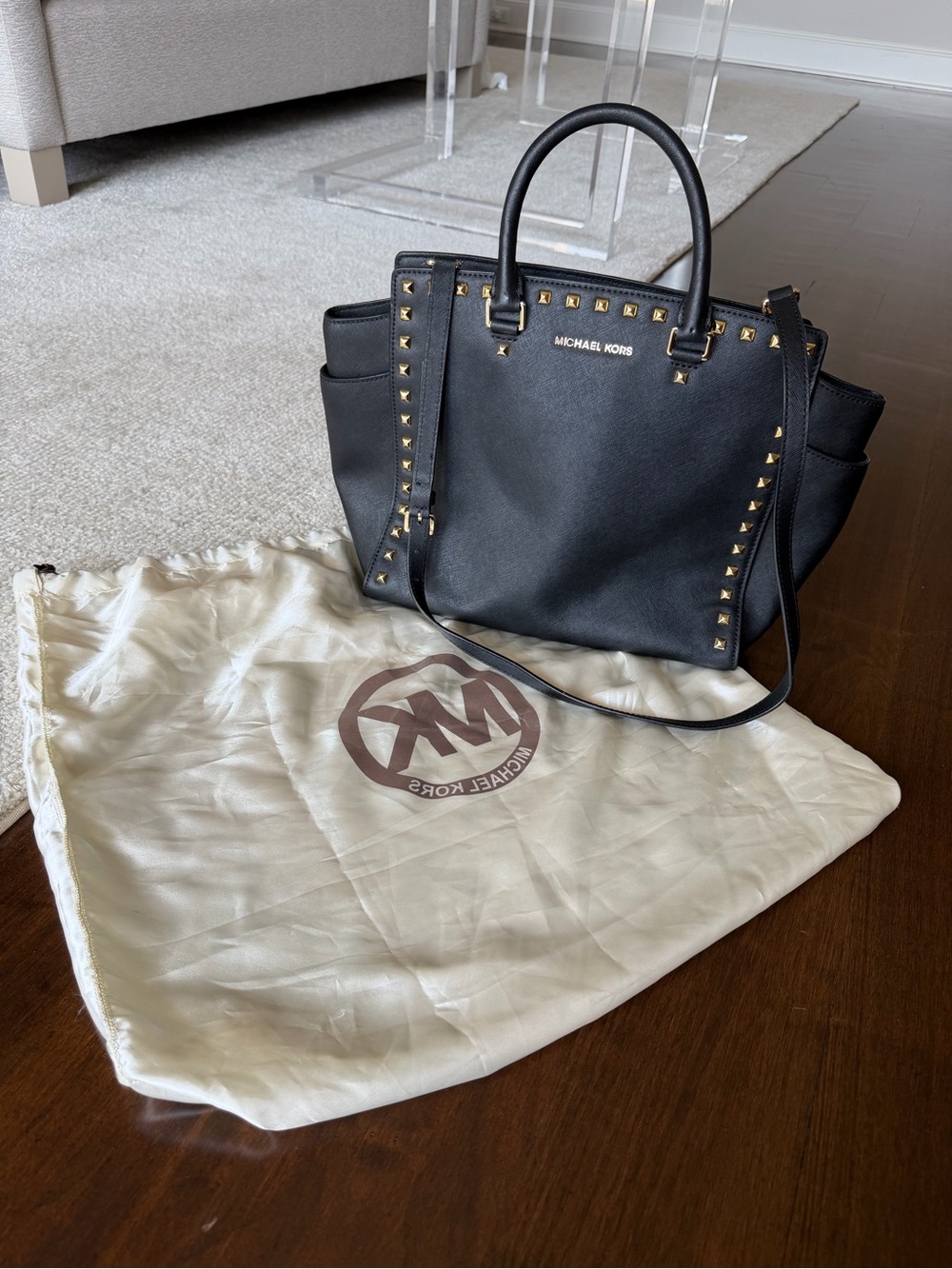 Michael Kors Selma Studded Satchel in Black Saffiano